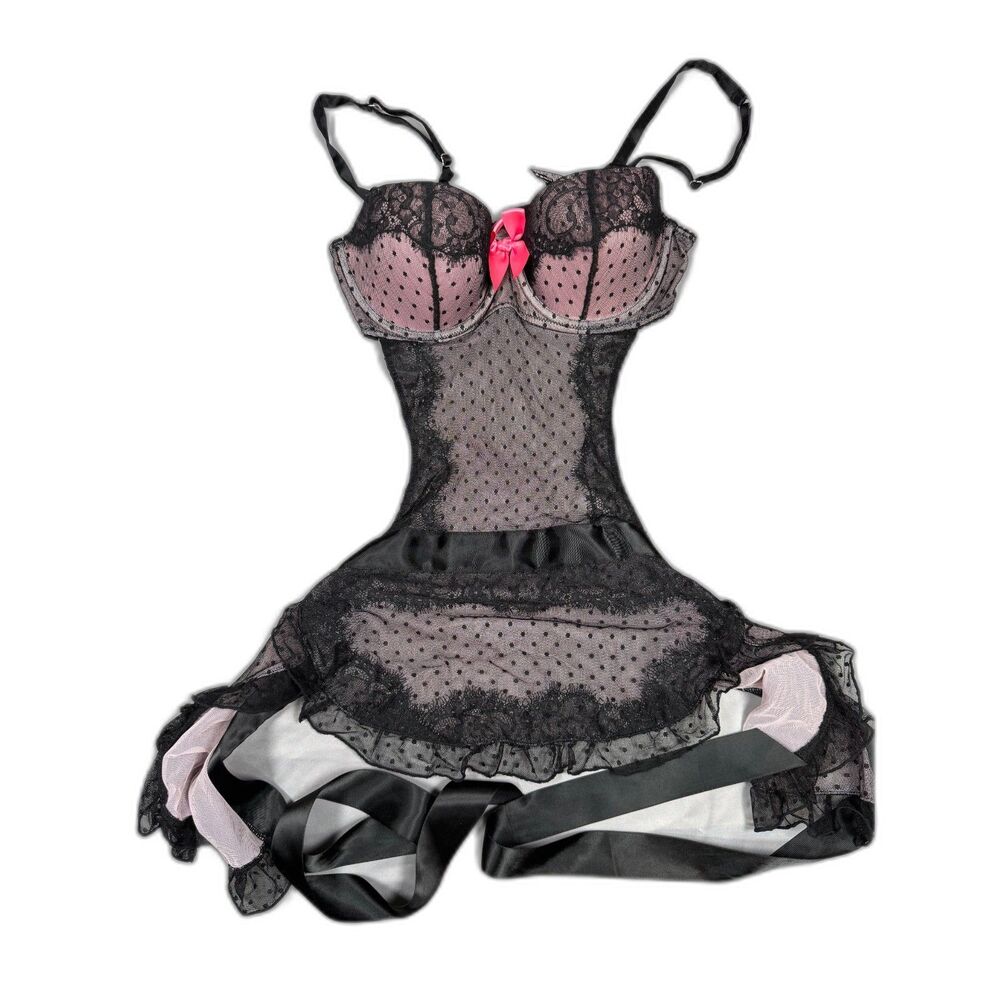 Victorias Secret Sexy Little Things Corset Babydoll Lingerie Pink Black Lace 34B